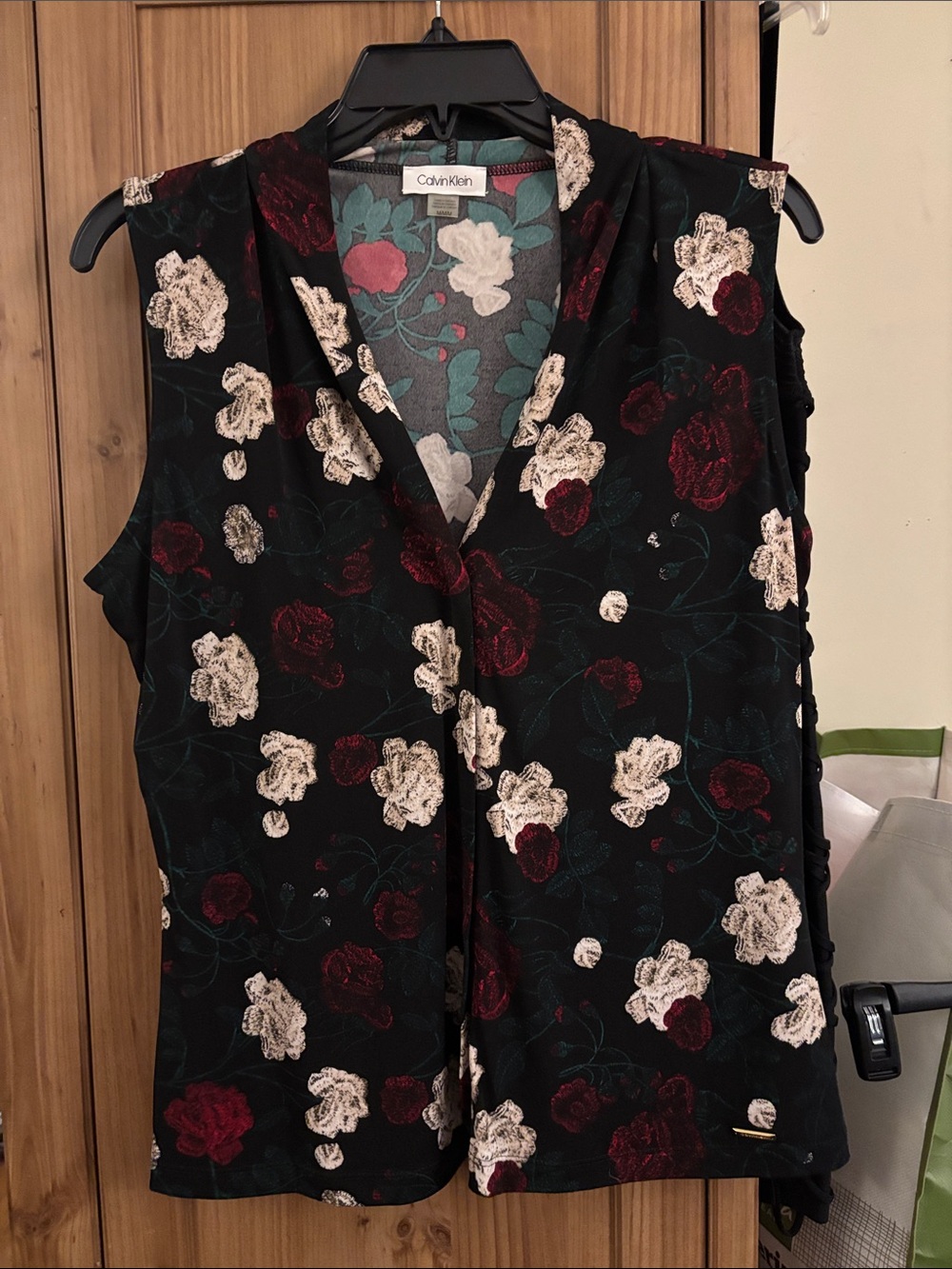 Calvin Klein Black Sleeveless Floral Drape  Top with Cream & Burgundy Blooms